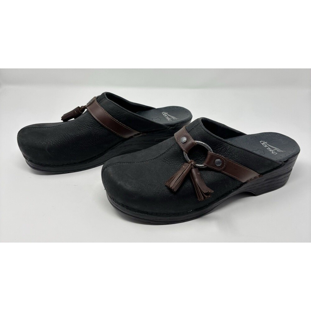 Dansko Shandi Black Leather Clogs Mules Tassels Women’s 12 EU 42 Comfort Shoes
